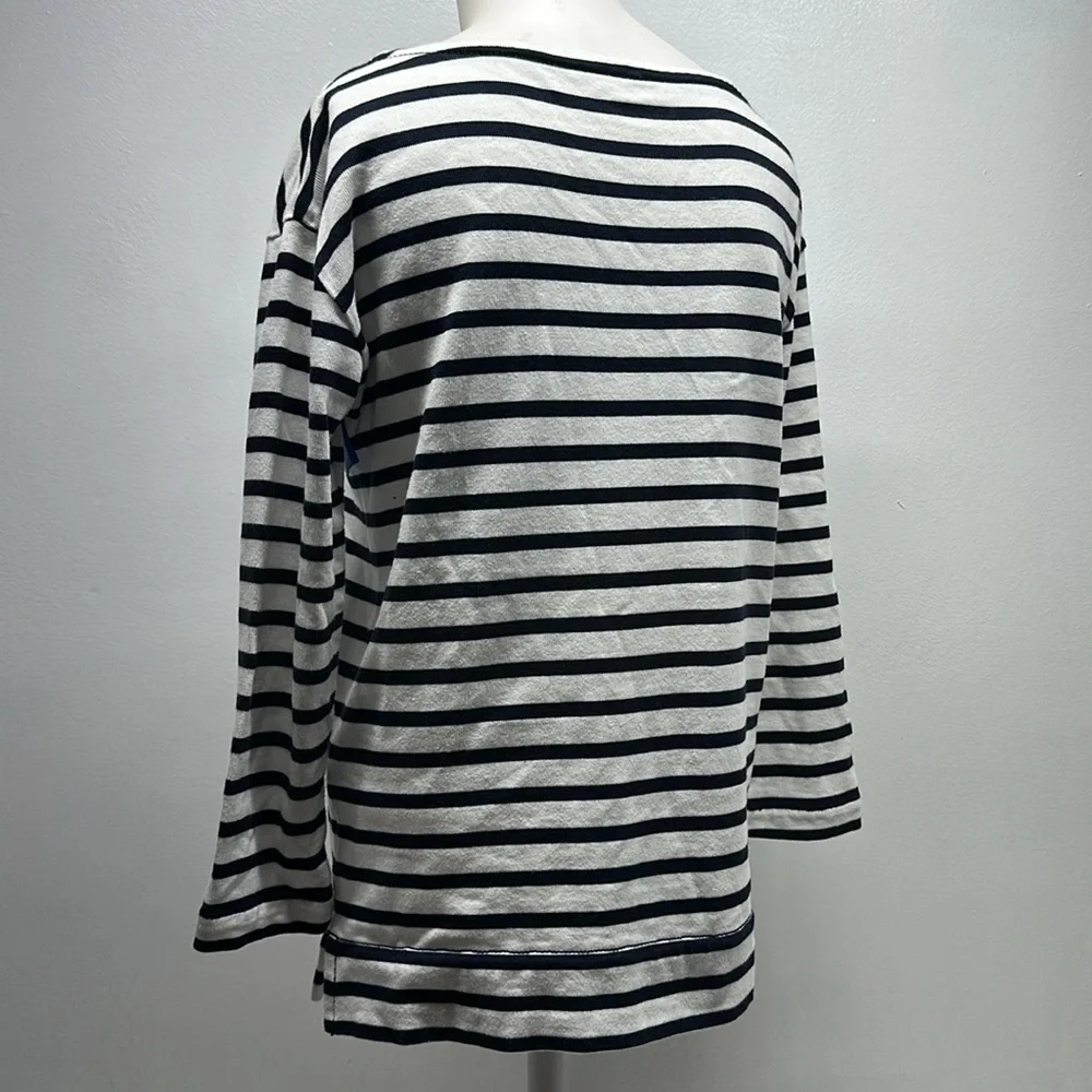 Kate Spade Beware of Sharks Shirt Boatneck Top 3/4 Sleeve Striped Black White XS